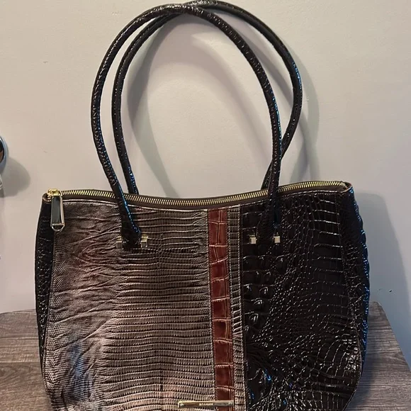 Brahmin Croc Embossed Tote Bag Brown Burgundy Tri Color - Picture 3 of 8